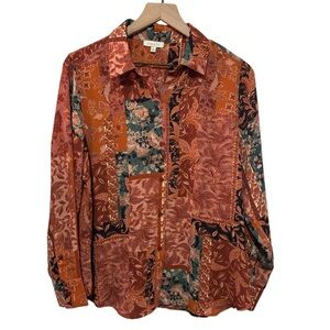 Alex & Lili Floral Patchwork Button Down Blouse Long Sleeve Career Office Large
